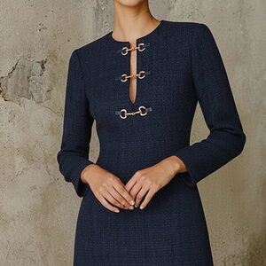 Commense Navy Long Sleeve Dress with Gold Details